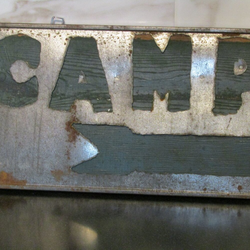 Unique Antique Camping Sign, Large Wood Sign With Metal Overlay